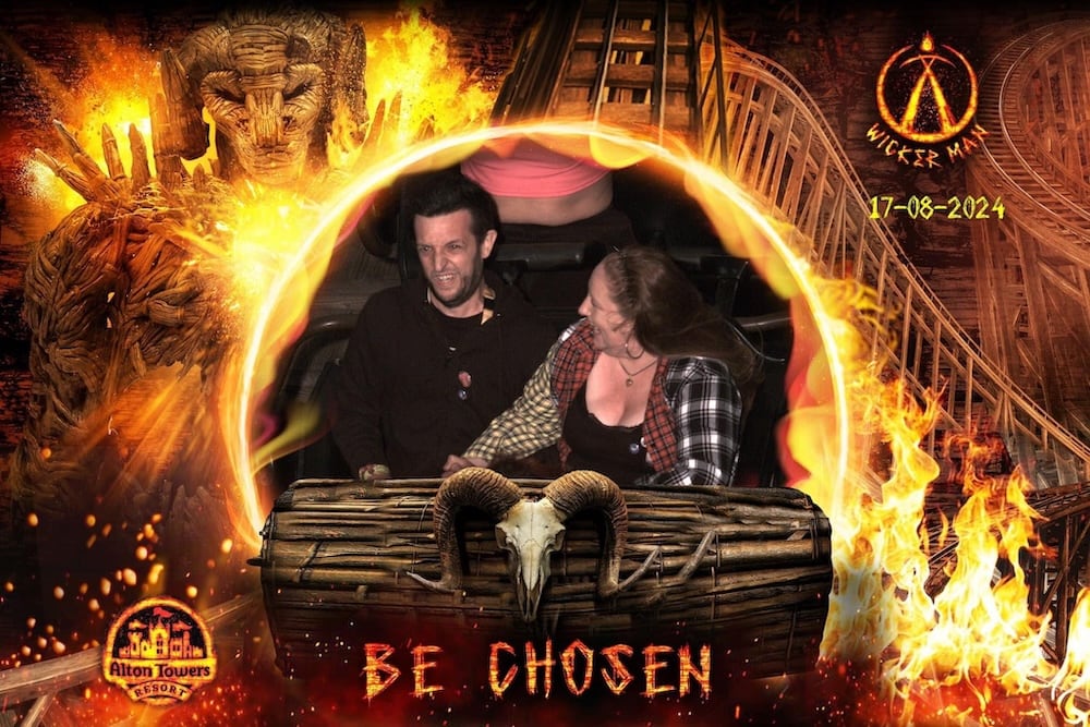 Andy riding Wicker Man for the very first time (with Kate!)